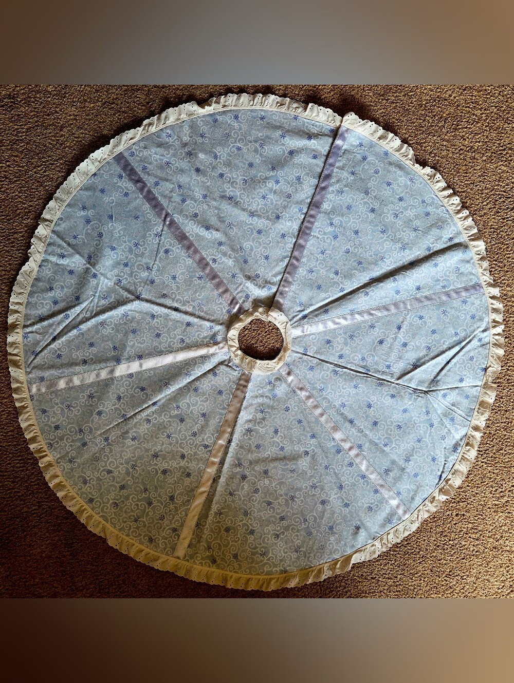 Vintage 1999 Handsewn Light Blue Snowflake Tree Skirt 48" NOS